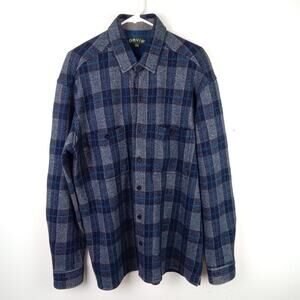 Orvis Mens 100% Wool Shirt Jacket Medium Blue Tartan Plaid Long Sleeve Chore